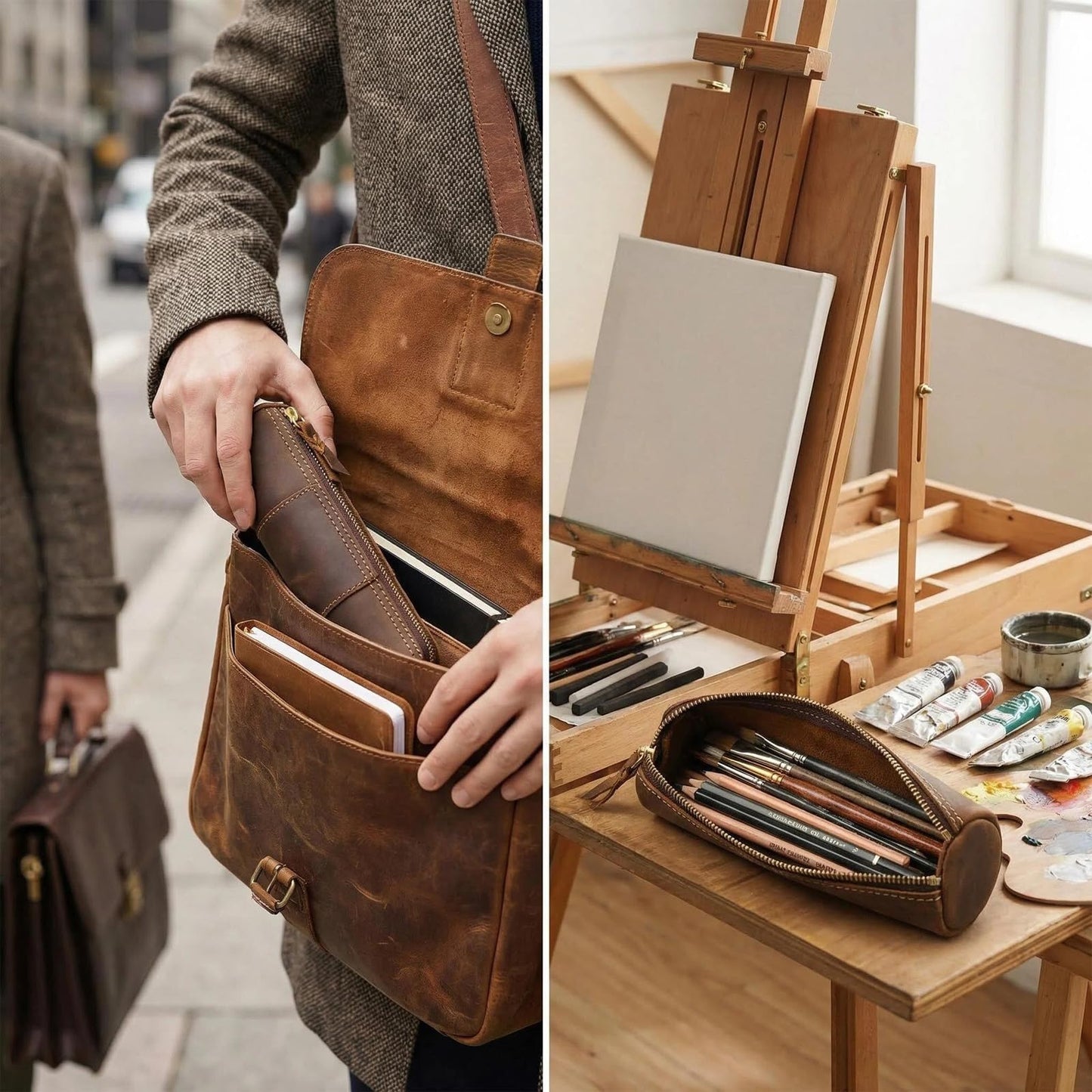 Yeedonzo Leather Pencil Case, Full Grain Zippered Pen Pouch & Multifunctional Organizer, Brown Stationery Bag for Work & Office Supplies