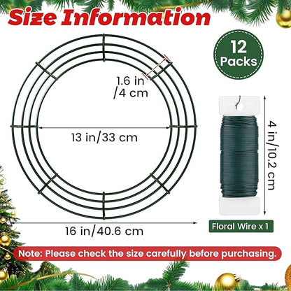 Fovths 12 Pack Christmas Wire Wreath Ring 16 Inches Metal Wire Wreath Frame with Floral Wires Green DIY Floral Crafts for Xmas Halloween New Year Holiday Valentines Day Decor