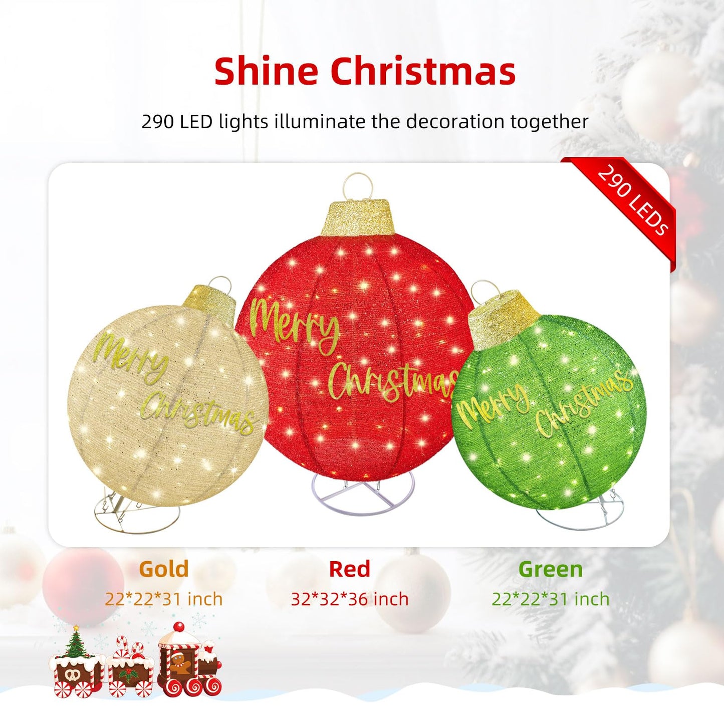HOYECHI 3pc Lighted Pop-Up Outdoor Christmas Ornament Set – Holiday Ball Decorations with 290 LED Lights, 8 Lighting Modes, for Yard & Outdoor Christmas Decor - Red/Green/Gold