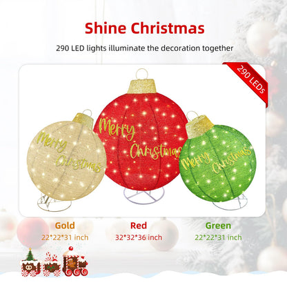 HOYECHI 3pc Lighted Pop-Up Outdoor Christmas Ornament Set – Holiday Ball Decorations with 290 LED Lights, 8 Lighting Modes, for Yard & Outdoor Christmas Decor - Red/Green/Gold