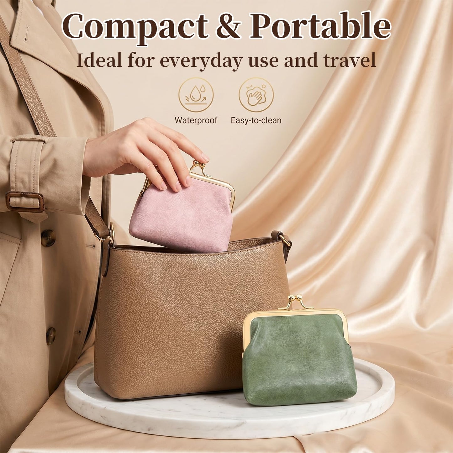 OPLCFO 2PCS Vintage Coin Purse with Kiss Lock, PU Leather Change Purse for Change, Keys, Lipstick