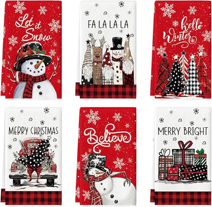 Artoid Mode Red Snowman Xmas Trees Santa Claus Truck Merry Christmas Kitchen Towels Dish Towels, 18x26 Inch Farmhouse Decoration Hand Towels Set of 6