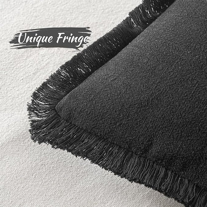 MIULEE Decorative Throw Pillow Covers Neutral Linen Fringe Throw Pillows Set of 2 Black Boho Farmhouse Cushion Covers with Tassels for Couch Sofa Bed Living Room Spring Home Decor 18x18 Inch