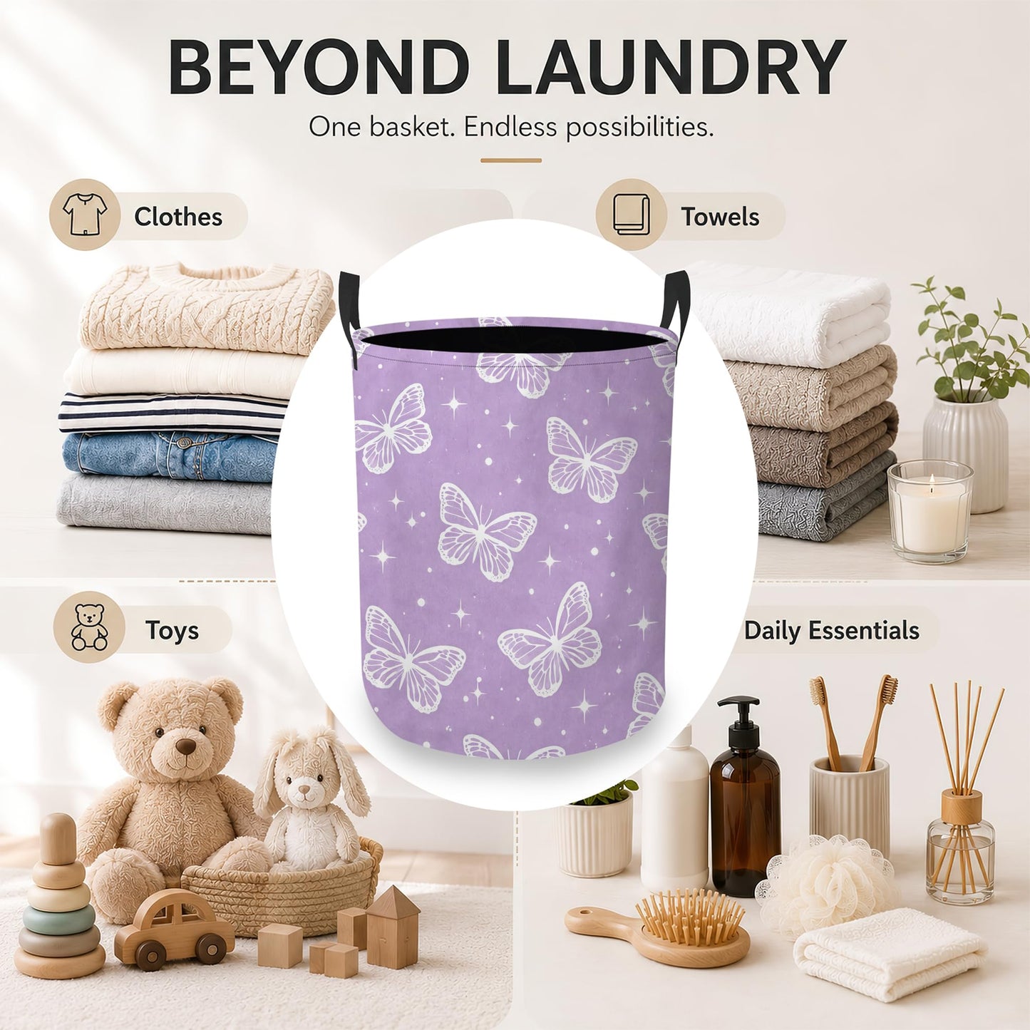 Laundry Hamper, Butterfly Star Collapsible Lavender Laundry Baskets Waterproof Oxford Cloth With Handles, Clothes Storage Bucket For Bathroom/Bedroom 16" x 20.8"