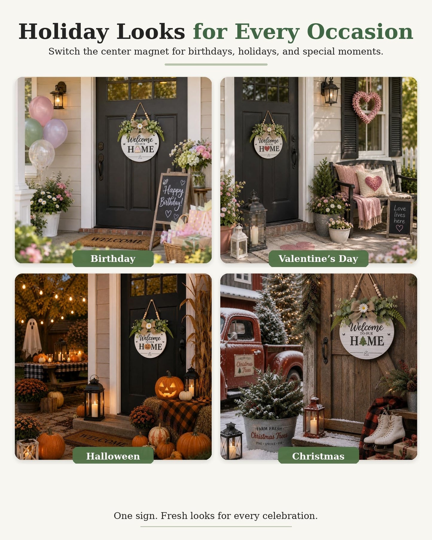 Interchangeable Welcome Sign for Front Door, Round Farmhouse Door Hanger with 12 Changeable Seasonal Magnets, Welcome to Our Home Porch Decor, Rustic Wood Look Wall Sign for Entryway and Housewarming Gift