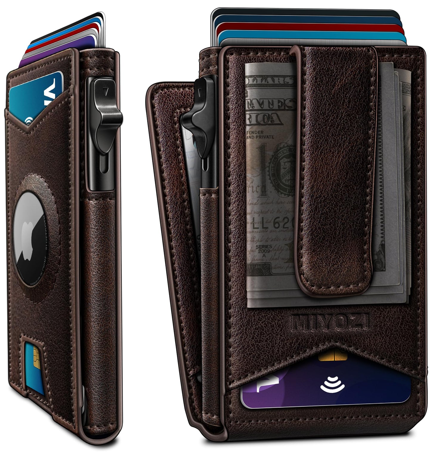 miyozi Airtag Wallet for Men Money Clip 9-Card Pop-Up Credit Card Holder with ID Window RFID Blocking Metal Case Magnetic Closure Front Pocket Wallet Gift Box