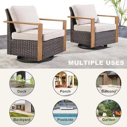 Rilyson Outdoor Patio Swivel Rocker Chairs - Wicker Rattan Patio Swivel Rocking Chairs Set of 2 with Metal Wide Armrest, Thick Cushions and Deep Seating for Deck Porch Sunroom Garden(Brown/Beige)