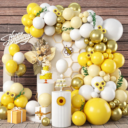 Biapian Yellow Balloon Garland Arch, 115 PCS Yellow White Balloon Arch Kit with Gold White Latex Balloon for Lemon Boho Sunshine Daisy Honeybee Theme Birthday Baby Shower Party Decoration