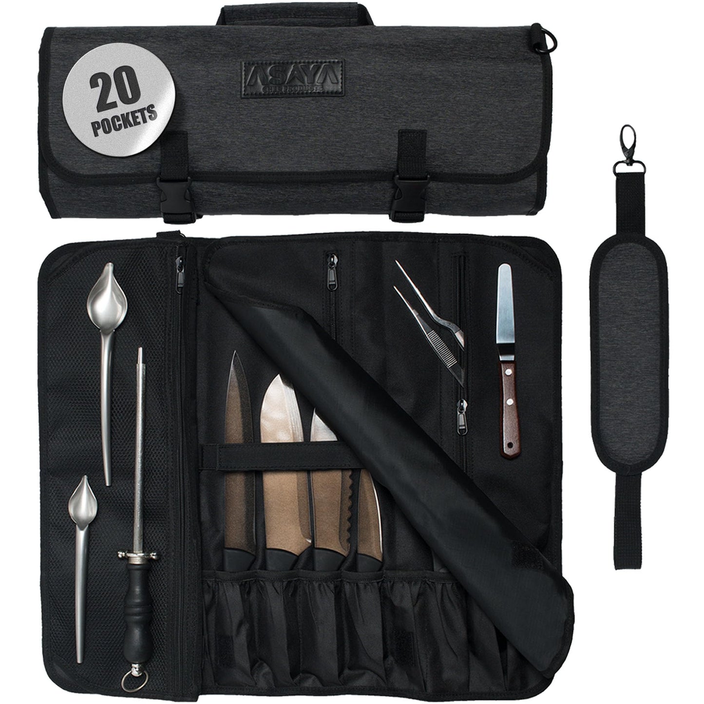 Asaya Waxed Nylon Chef Knife Roll Bag with 20 Slots and Zippered Pockets - Professional Chef Knife Bag & Storage Case, Tool Carrier with Shoulder Strap - Knives Not Included (Black)