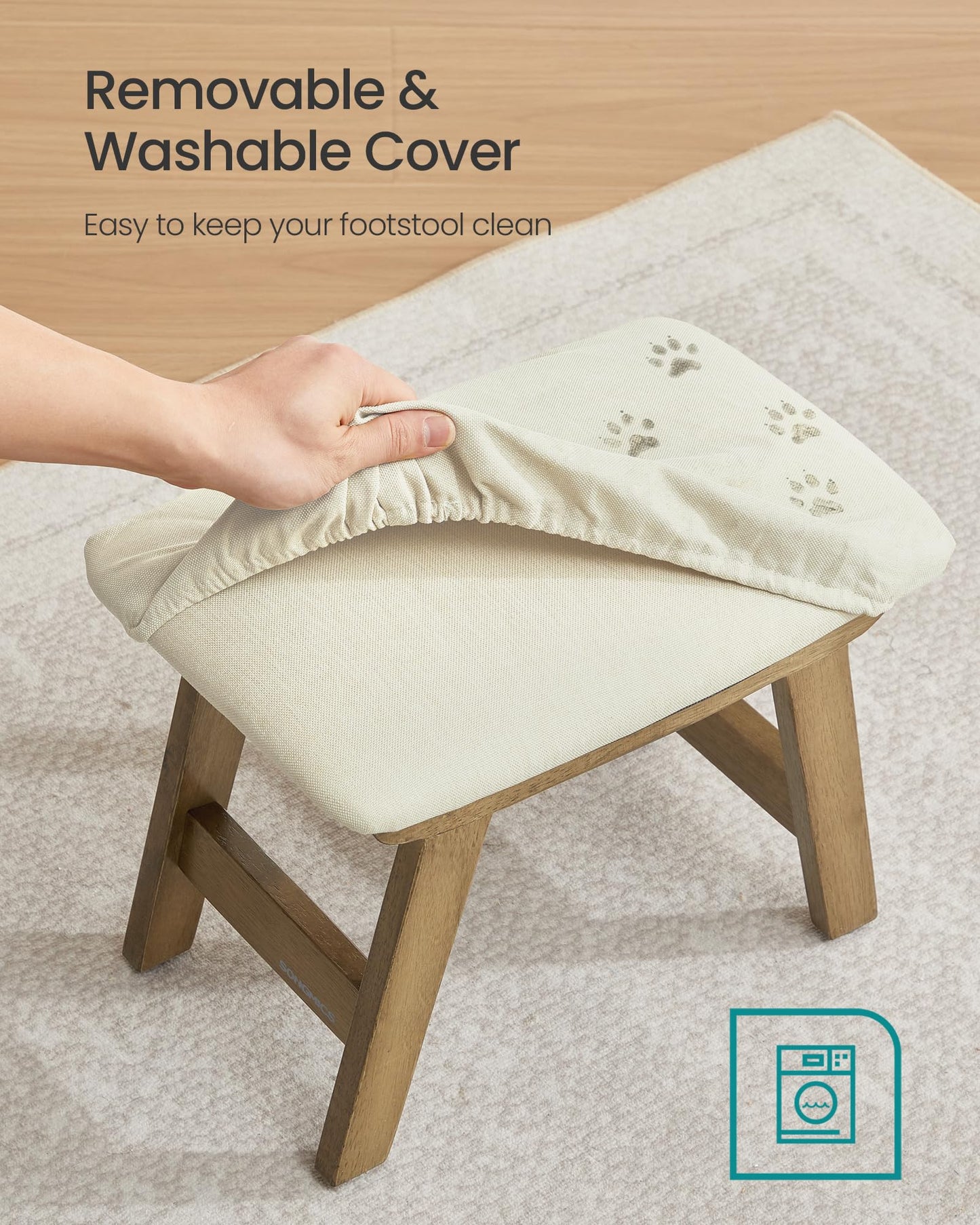 SONGMICS Foot Stool Ottoman, Padded Foot Rest Under Desk with Solid Wood Frame, Removable Cover, for Living Room, 9.8 x 15.4 x 11.8 Inches, Summer Sand and Brown ULSF052LF01