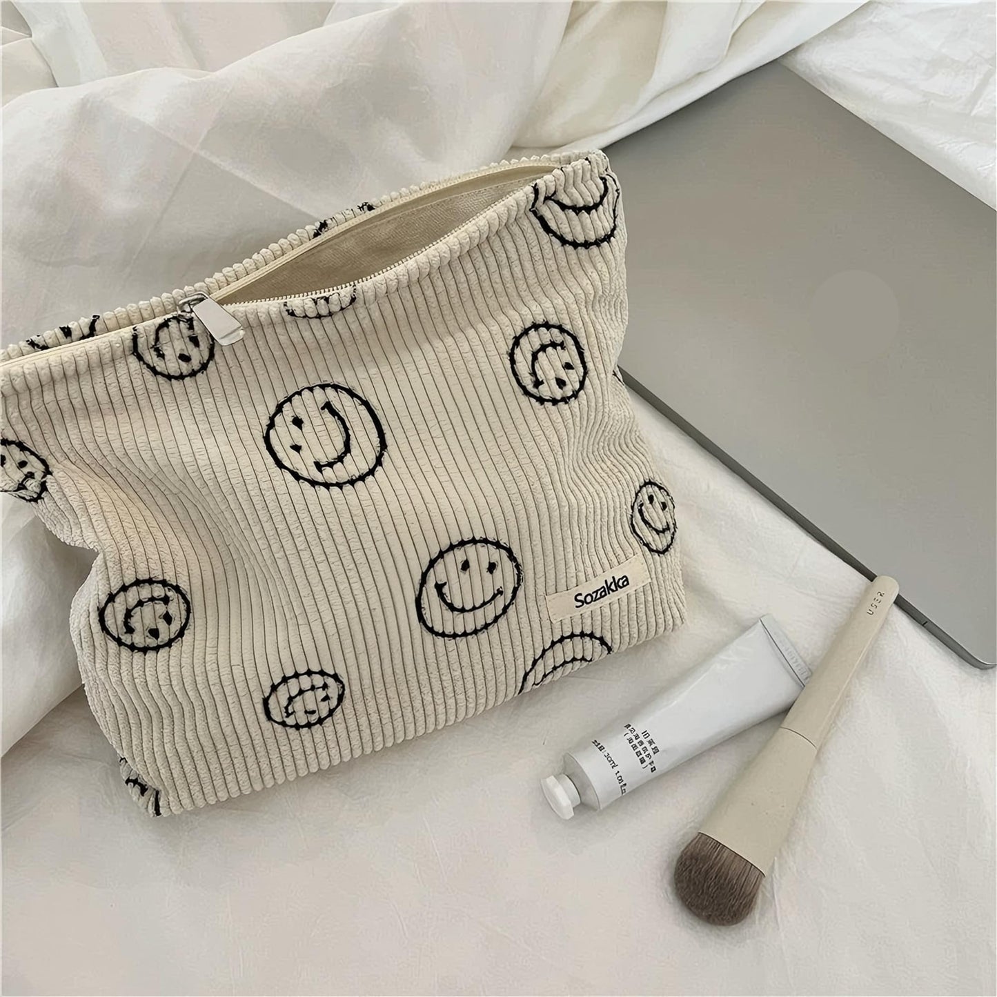 Gardsell Cosmetic Bags for Women - Corduroy Cosmetic Bag Aesthetic Women Handbags Purses Smile Dots Makeup Organizer Storage Makeup Bag Girls Case Bags (A-Beige)