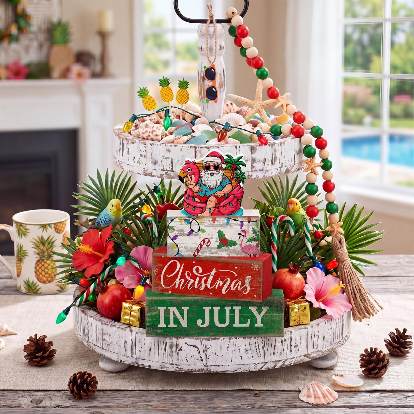 Lineshading 4 Pcs Summer Christmas in July Wooden Table Decoration Tropical Christmas Tiered Tray Decor Santa Claus Flamingo Beach Party Supplies Xmas Table Centerpiece Sets for Shelf Home Office