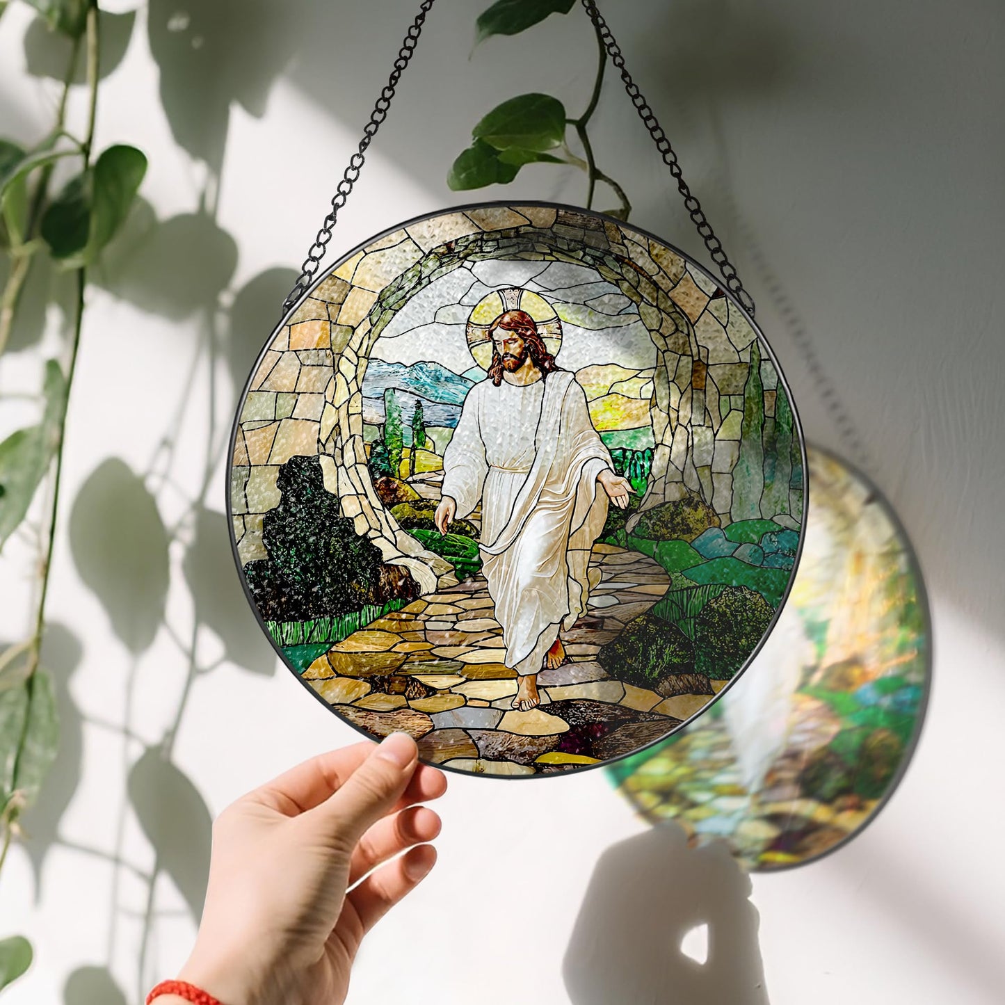 8 Inch He is Risen Resurrection of Jesus Stained Glass Suncatcher, Stained Glass Window Hanging, Sun Catchers Indoor Window Decor and Christmas, Christian Gift, Religious Gifts, Christian Home Decor
