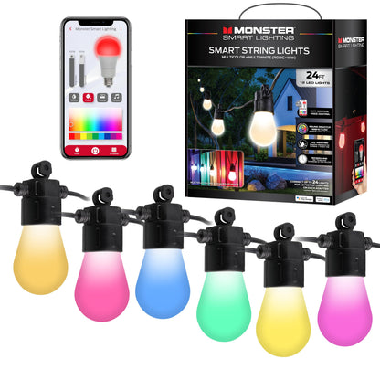 Monster 24 Foot Outdoor Smart RGB+IC+WW String Lights, 12 Bulb Color Flow Dimmable LEDs, Sound Reactive, Water & Weather Resistant, Compatible with Alexa, Siri, Google Home, App