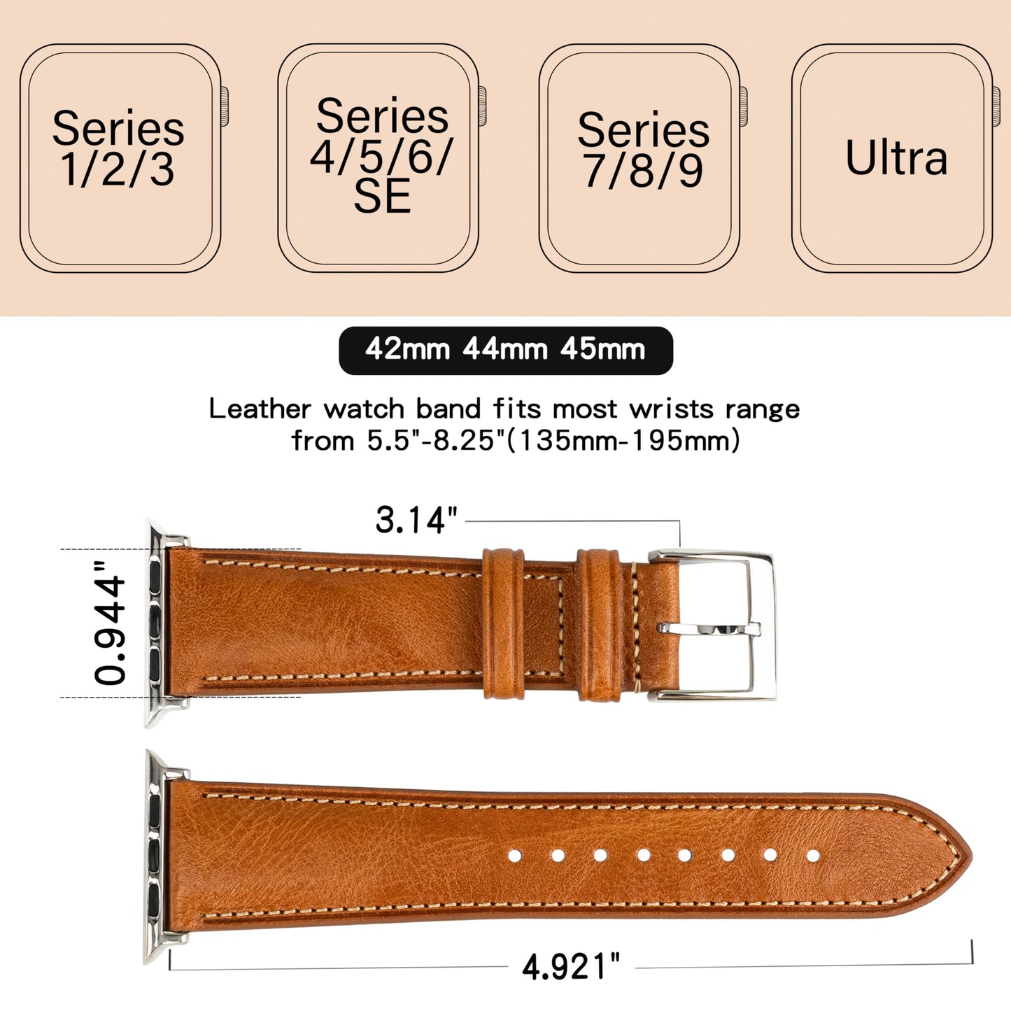 Gomvadr Leather Bands Compatible with Men's Apple Watch Band 49mm Ultra, Replacement Leather Strap for Mens iWatch Ultra 3/2/1 (Cognac/Silver, Ultra 2/1)