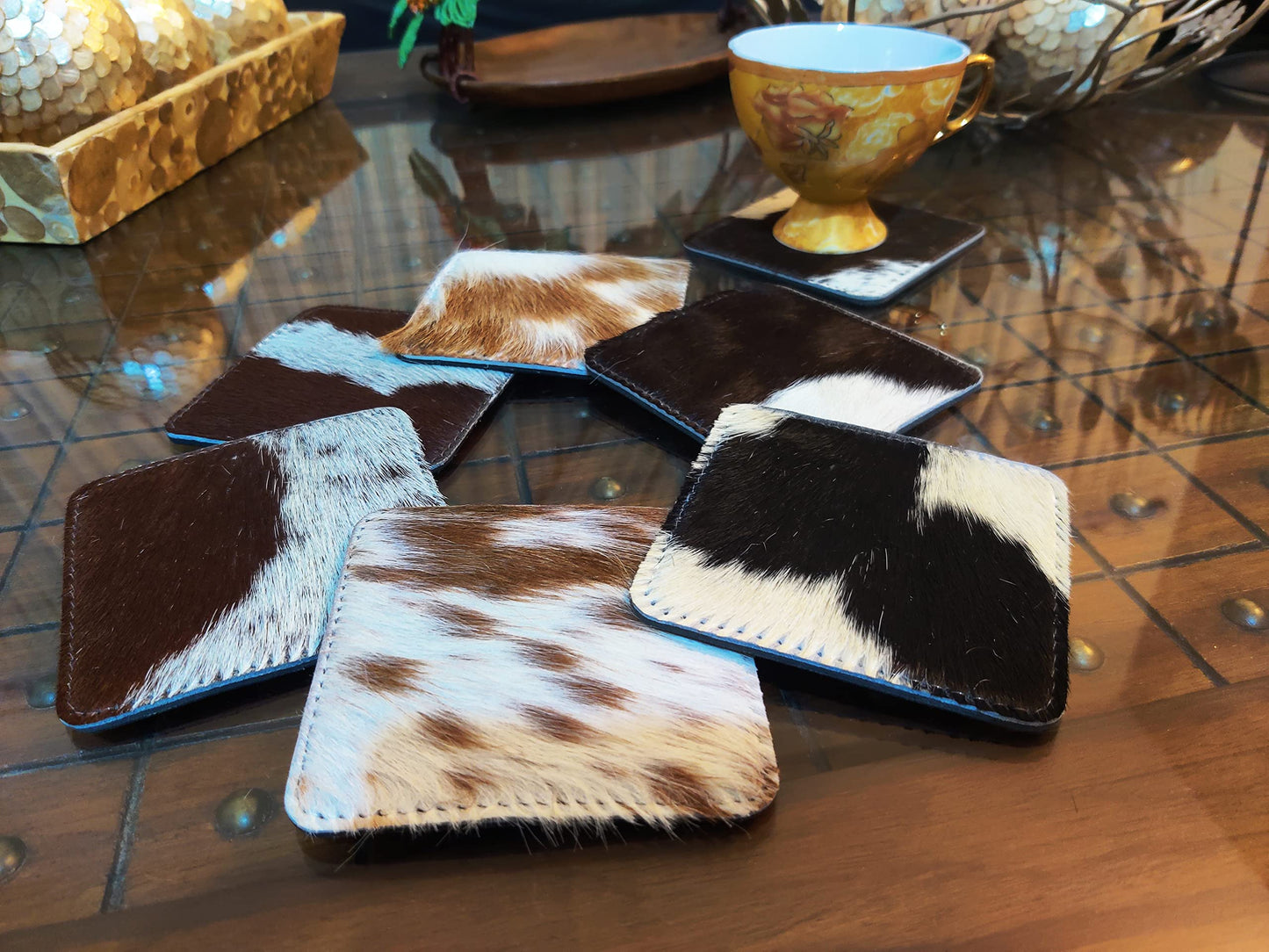 NGF Cowhide Coaster Set of 6 pcs Natural Cowhide Drink Coasters Hair On Square Coasters Leather Tea Cup Coasters Home Decor & Home Living Ideas Multicolor 4 x 4 x 0.5 inches