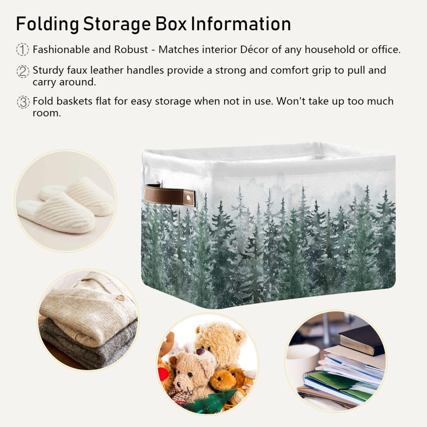 Winter Pine Forest Tree Storage Basket with Waterproof Liner and PU Handles Christmas Snow Scene Storage Bins Boxes 14.2" Collapsible Decorative Organizer Baskets for Bedroom Closet Office 1 Pack