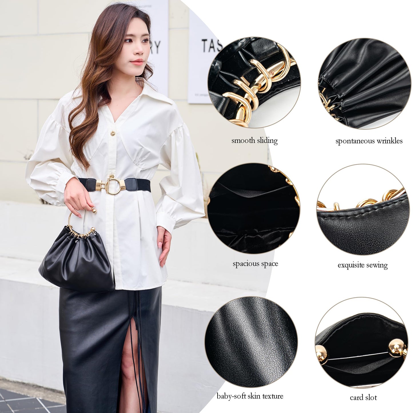 Elegant Evening Bag Clutch Purses for Women Lightweight Soft Pleated PU Top Handle Handbags for Party Prom Cocktail Wedding(black)