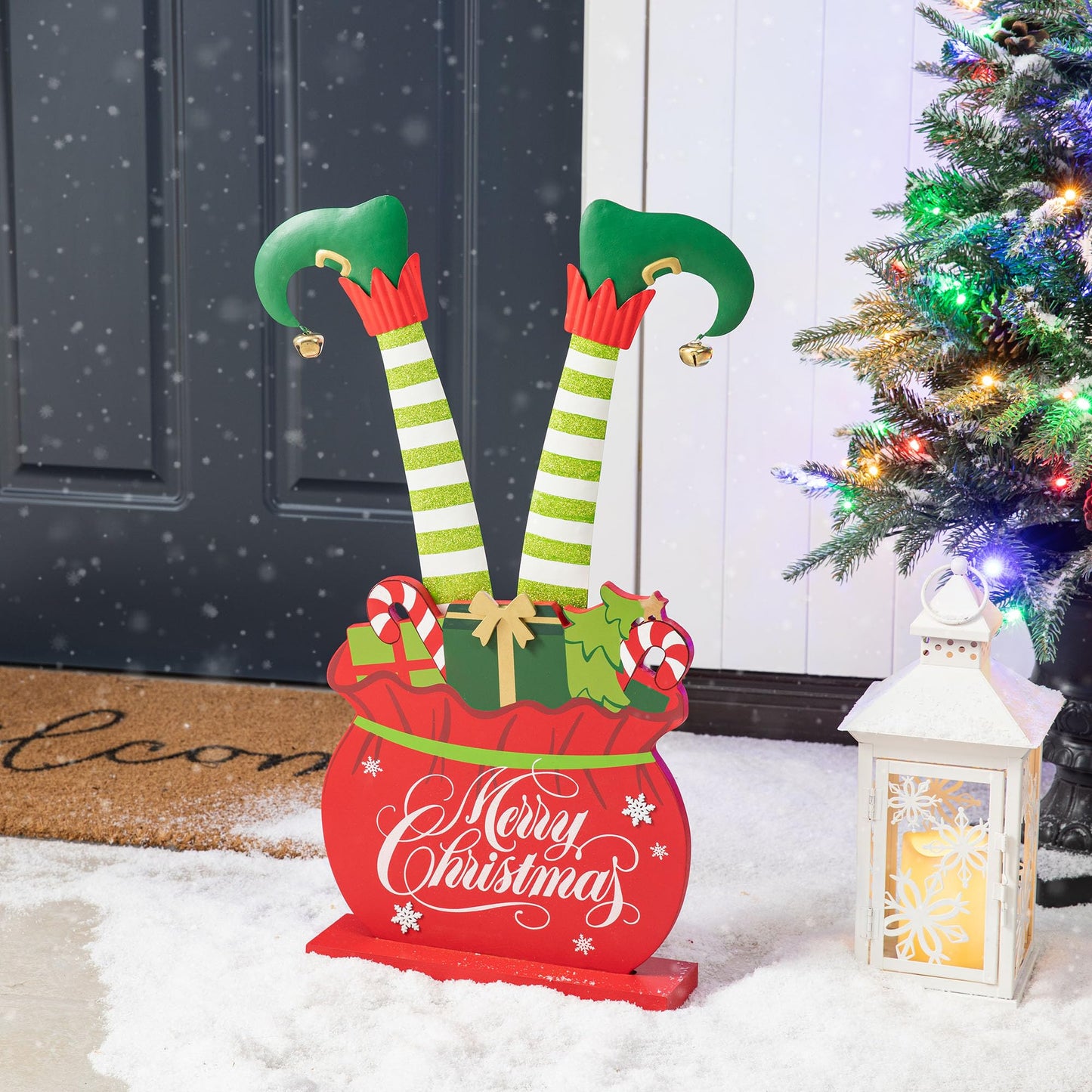 Glitzhome "Merry Christmas" Elf Legs Porch Sign, 24.5" Wood & Metal Gift Bag Display for Holiday, Festive Indoor Outdoor Welcome Greeting Decoration