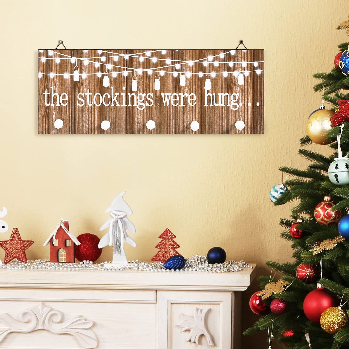 Blulu Christmas Stocking Holders with 5 Hooks Wood Christmas Stocking Hangers for Wall The Stockings were Hung Wooden Sign Xmas Wall Mount Hose Hooks Rack for Mantle Fireplace Decoration