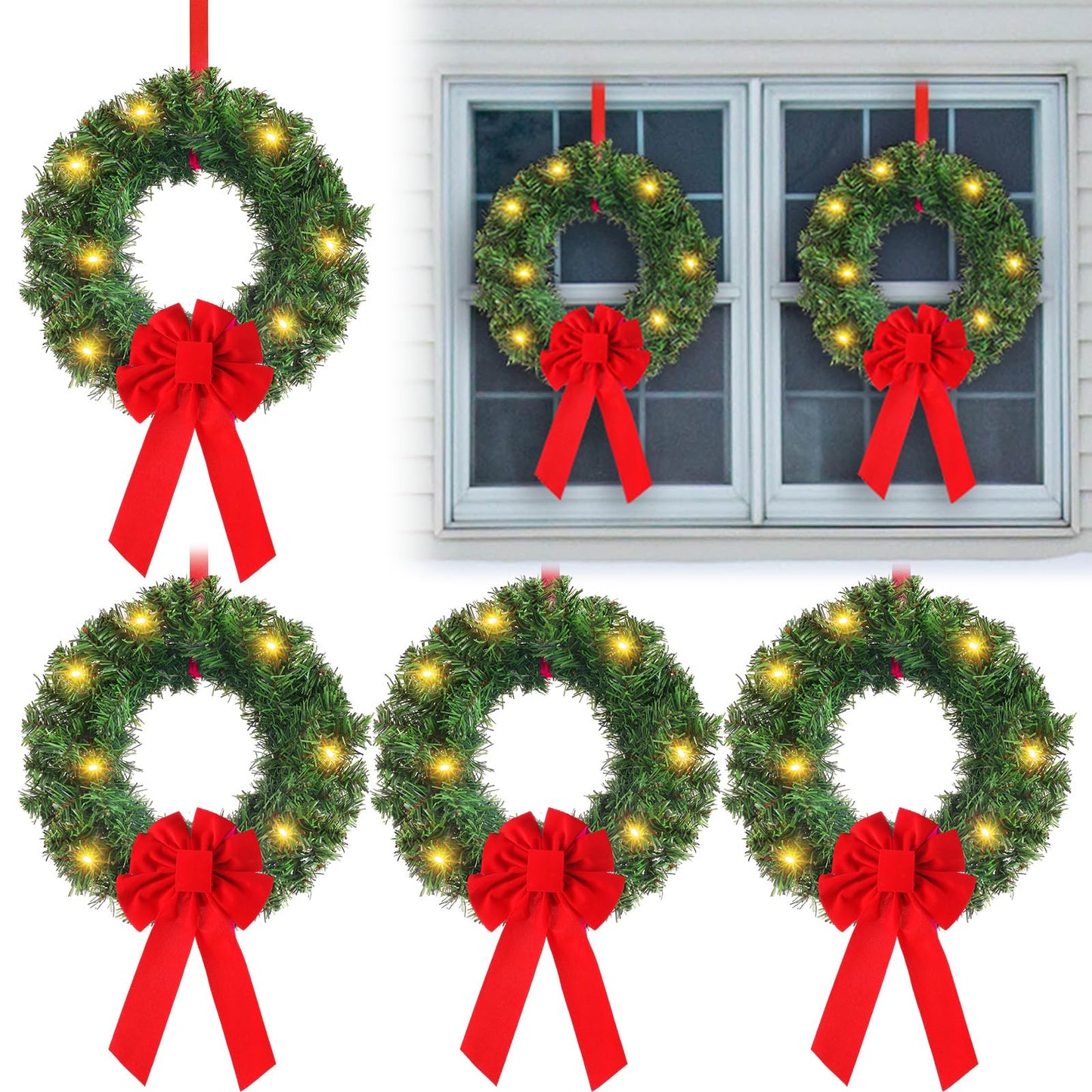 Daifunli 6 Pcs Pre Lit Christmas Wreath with Lights for Windows 11.8 Inch LED Christmas Front Door Wreath with Bow Greenery Artificial Hanging Garlands for Fireplaces Home Porch Wall Decor