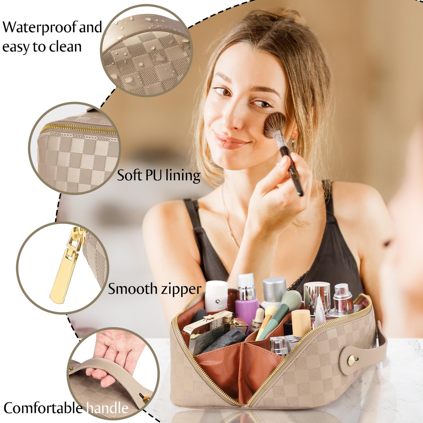 Large Capacity Travel Cosmetic Bag - Open Flat Makeup Bags for Women Waterproof PU Leather Checkered Makeup Organizer Bag,Toiletry Bag for Cosmetics, Portable Make up Bag for Travel Essentials, Khaki