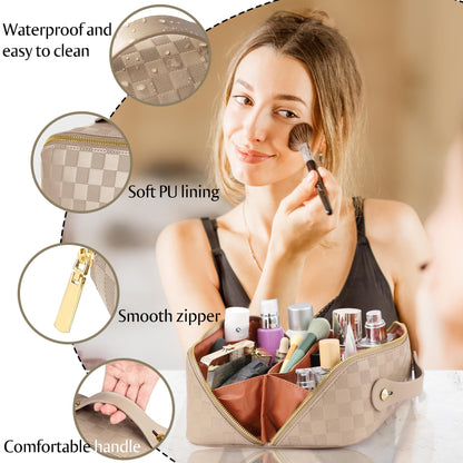 Large Capacity Travel Cosmetic Bag - Open Flat Makeup Bags for Women Waterproof PU Leather Checkered Makeup Organizer Bag,Toiletry Bag for Cosmetics, Portable Make up Bag for Travel Essentials, Khaki
