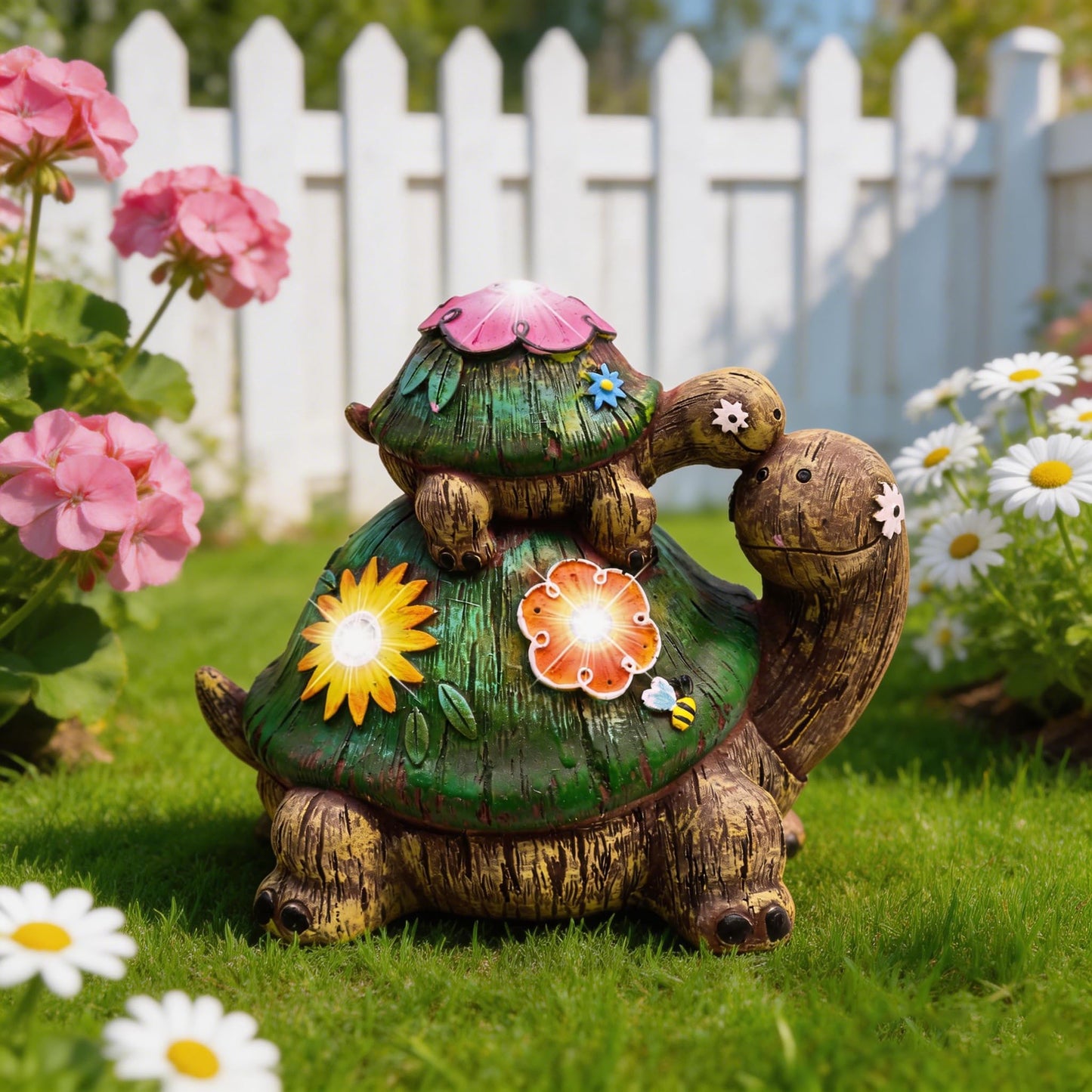 TERESA'S COLLECTIONS Garden Decor, Turtles Garden Decor, Family Tortoises with Solar Light, Waterproof Resin Garden Statue, Turtles Gifts Birthday Gifts for Women Mom