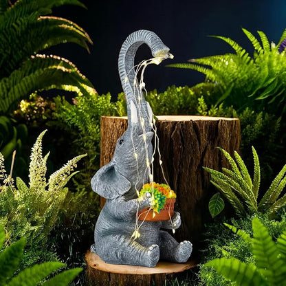 Elephant Garden Statue with Solar Watering Lights, Outdoor Resin Animal Sculpture for Patio, Lawn, Yard – Unique Gift for Women, Mom, Grandma (Grey Succulents)