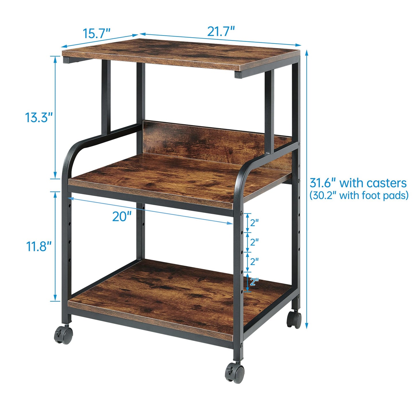 Fannova Printer Table Stand with Height Adjustable Shelf, 3 Tier Rolling Printer Cart with Wheels for Home Office Storage and Organization, Industrial Style