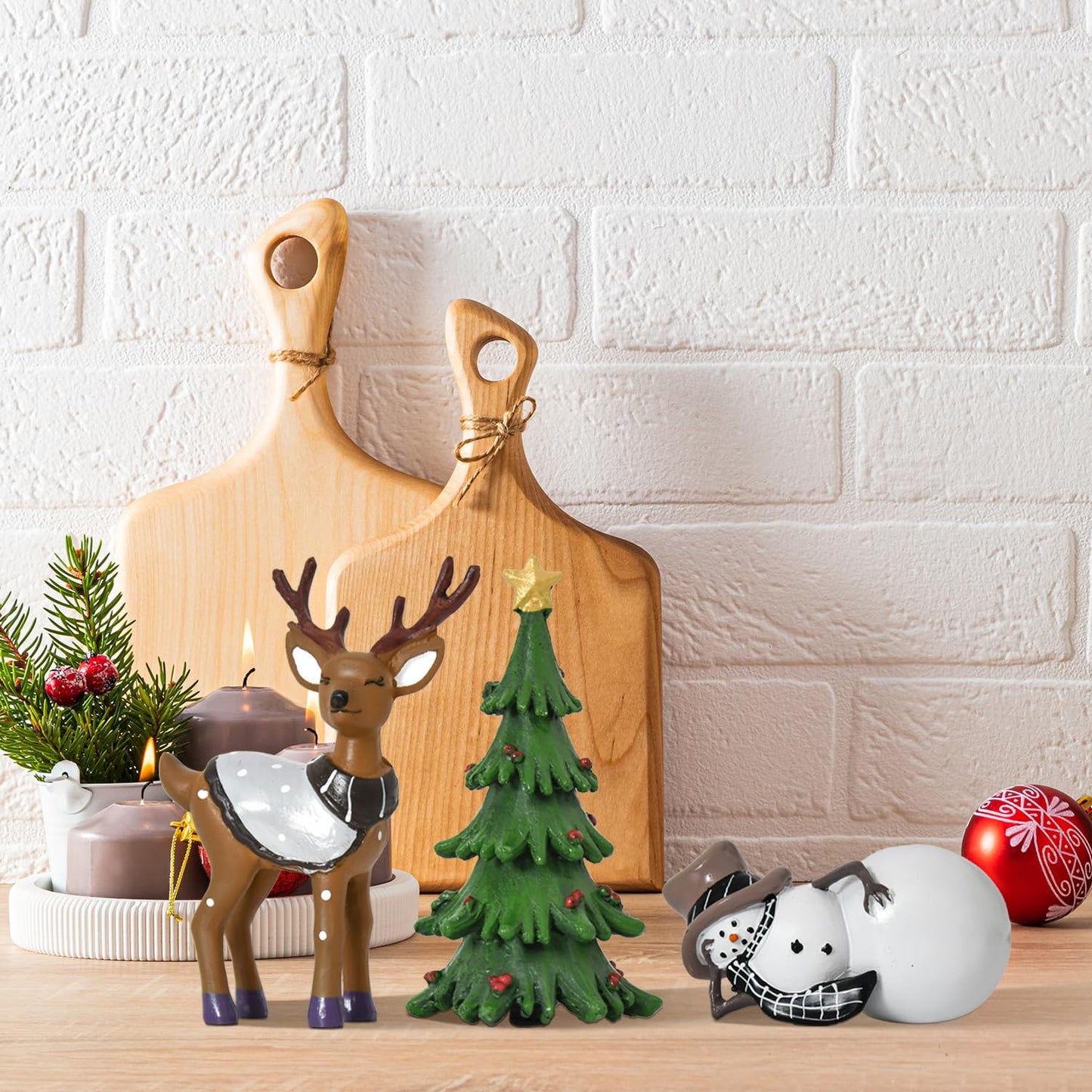 Smile Christmas Indoor Decoration, Set of 3 Small Resin Figurines Snowman Christmas Tree, and Reindeer, Holiday Decor for Mantle Centerpieces and Tabletop