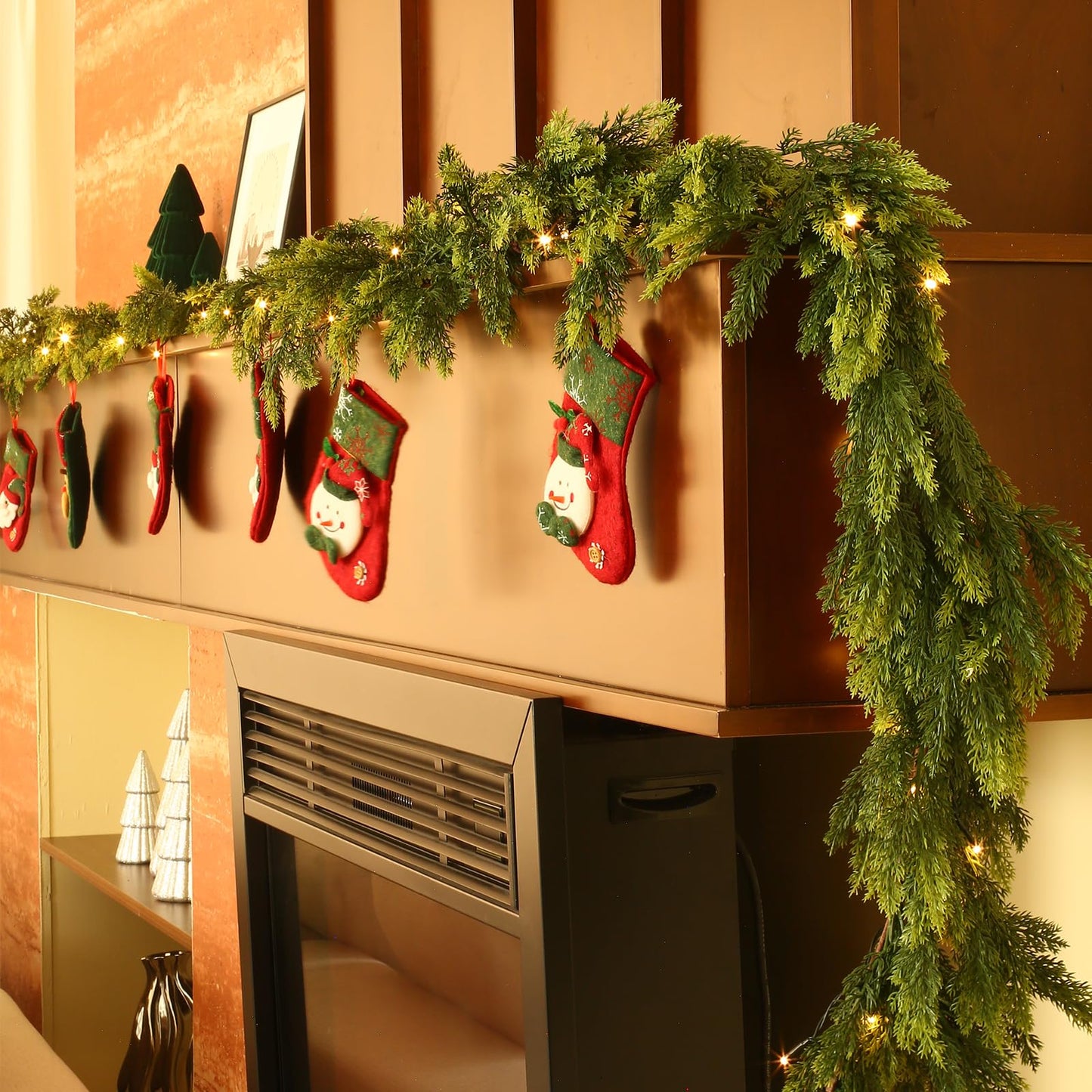 Joyhalo 6FT Christmas Garland Real Touch Cedar Garland Artificial Realistic Faux Cedar Garland with Lights for Mantle, Fireplace, Stairs Railing,Table Decor and Indoor Christmas Decorations