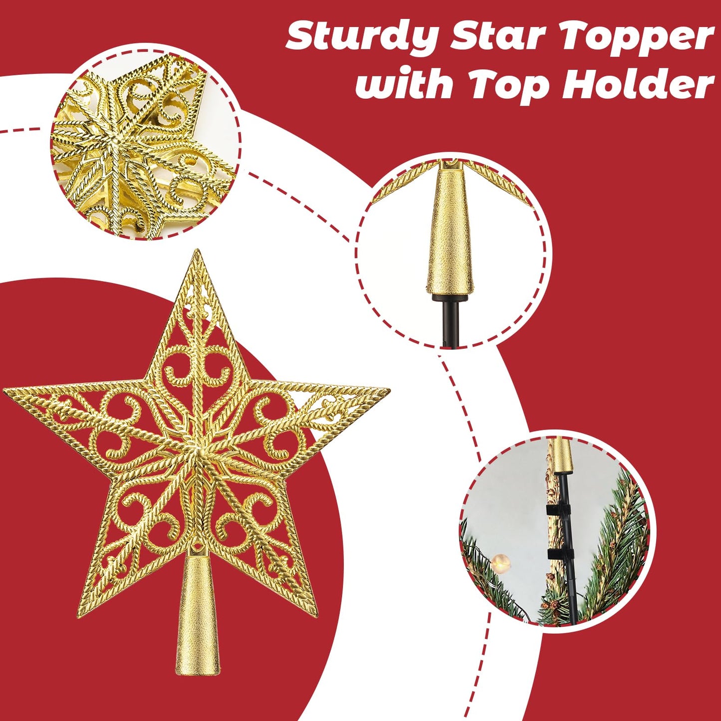 Christmas Tree Topper, 7.5 Inch Gold Star Tree Topper with Topper Stabilizer Supporter, Xmas Star Treetop Toppers Christmas Trees Decorations Ornaments for Holiday Home Decor