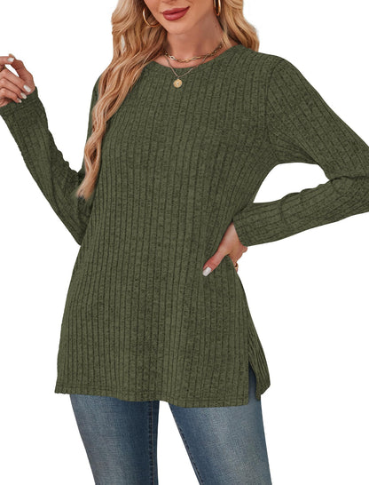 SAMPEEL Womens Sweaters Crewneck Long Sleeve Shirts with Pockets Fall Outfits 2025 Fashion Winter Clothing Side Slit