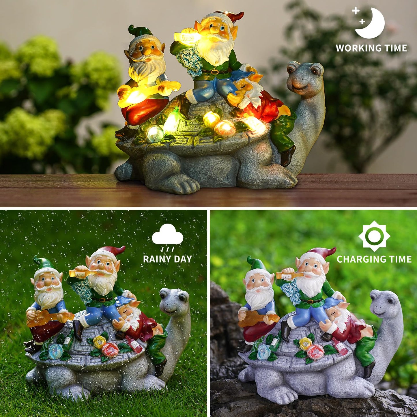 NATASE Solar Garden Outdoor Statues Gnome Turtle Three Gnomes Having Party on Turtle with 7 LED Lawn Decor Outside Decorations for Patio, Balcony, Yard Ornament Unique Garden Gift