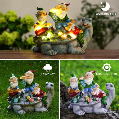 NATASE Solar Garden Outdoor Statues Gnome Turtle Three Gnomes Having Party on Turtle with 7 LED Lawn Decor Outside Decorations for Patio, Balcony, Yard Ornament Unique Garden Gift
