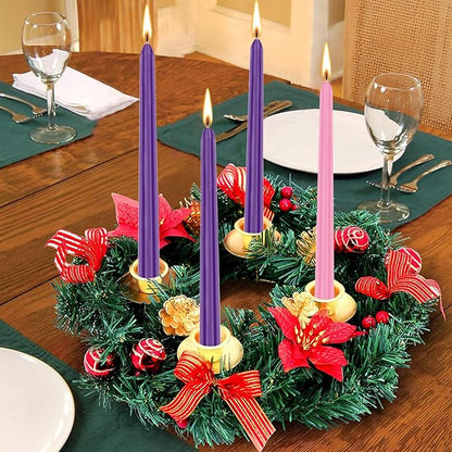 Christmas Advent Candle Set (Set of 4), 10 Inch Christmas Wax Taper Candles, 8 Hours Long Burning Time Dripless Unscented Dinner Candle, 3 Purple & 1 Pink