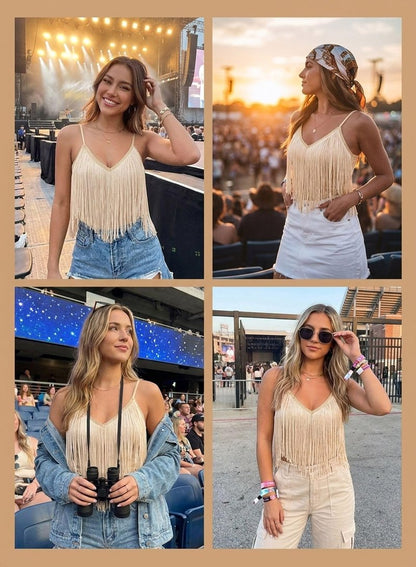 Womens Western Cowgirl Fringe Top - Country Concert Outfits Festival Tassel Hem Boho Rodeo Cowboy Rave Tank Shirt(Khaki,M,10742a)