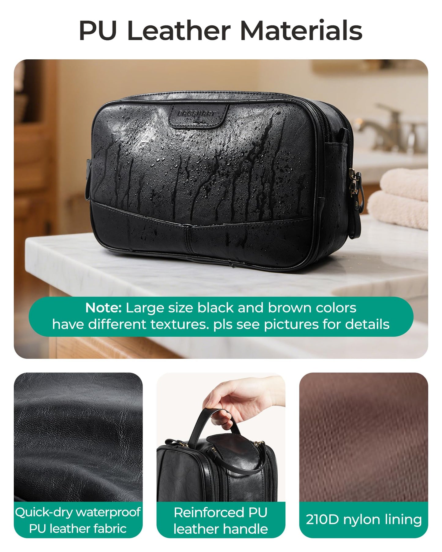 BAGSMART Large Toiletry Bag for Men, High-gloss PU Leather Travel Bag for Toiletries, Dopp Kit Water Resistant Shaving Bag for Bathroom Shower-Black