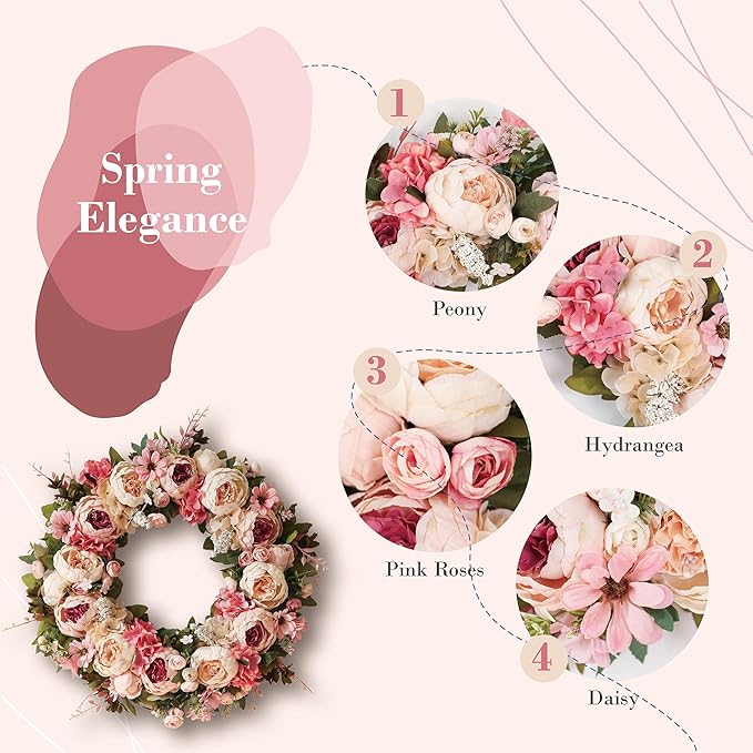 Peony Wreath 23" Floral Artificial Wreath for Front Door Wall Decor Home Décor Festival Celebration Wedding Party New Owners Seasonal Decoration Housewarming Gifts EZsenses (Light Pink)