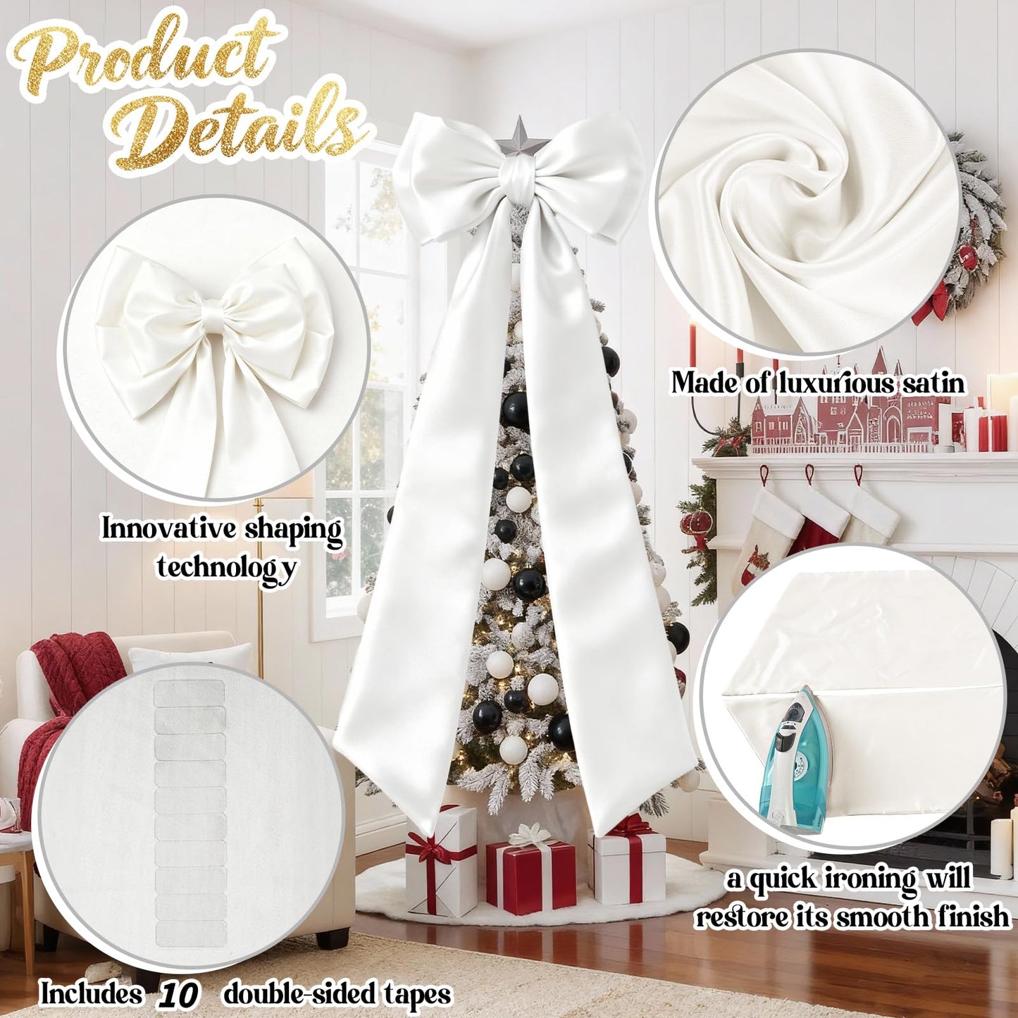 Froova Giant White Bow Decor 75x19 Inch Christmas Tree Topper Decoration Big Bows for Home Coquette Room Decor Room Wall Backdrop Ribbon Tie for Wedding Christmas Birthday Party Baby Shower Supplies