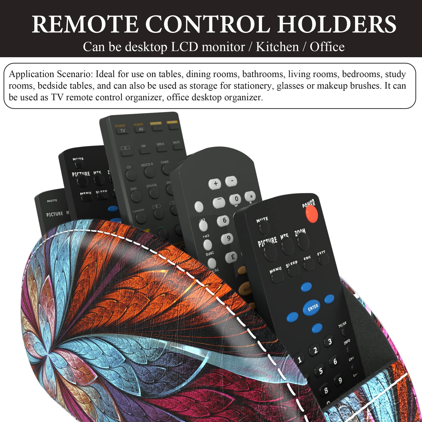 QIELIZI PU Leather Remote Caddy Desktop Organizer with 5 Spacious Compartments for TV Remotes/Media Controllers/Office Supplies (Fractal Flower)