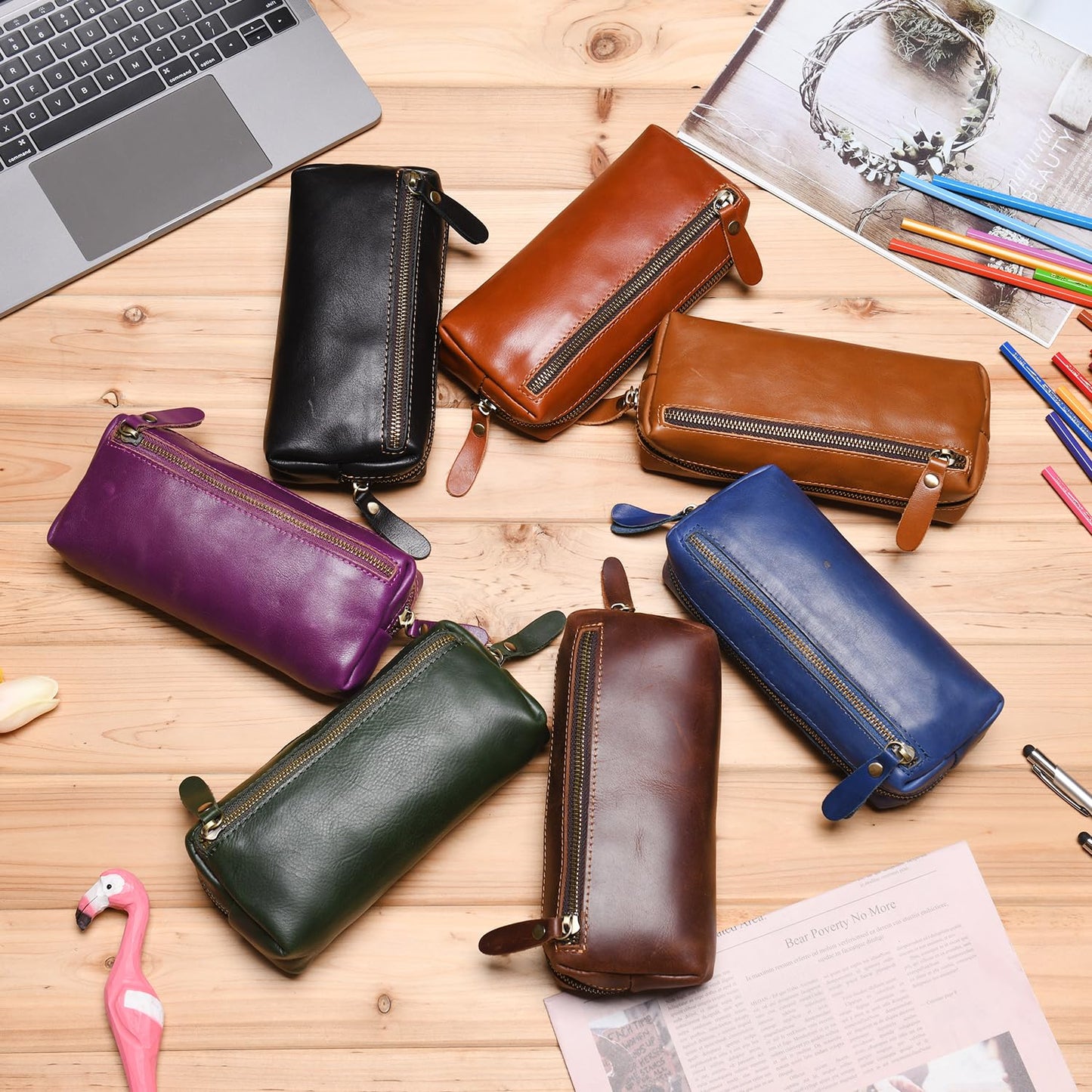WONDERPOOL Pen Case Real Leather Pencil Pouch Markers Holder Big Capacity Bag with Side Zippered Pocket Sleeve for Stationery Makeup Utensils Organizer (Coffee)