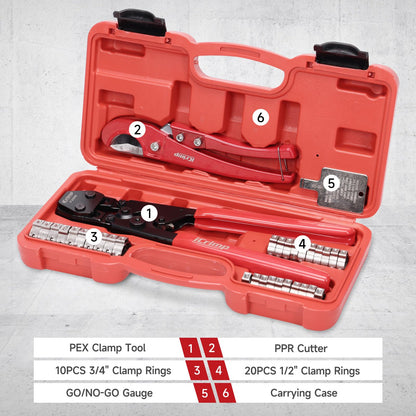 iCrimp PEX Pipe Clamp Crimping Tool Kit Cinch Crimper Tool for Stainless Steel Clamps from 3/8-inch to 1-inch with 1/2-inch 20pcs and 3/4-inch 10pcs SS PEX Clamps