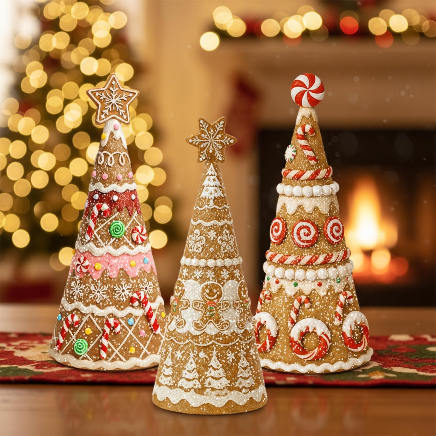 Simgoing 3 Pack Gingerbread Christmas Tree Figurines Christmas Tabletop Decorations Resin Gingerbread Cone Tree Decor Figurines for Xmas Home Centerpieces Tiered Tray Ornament Gifts