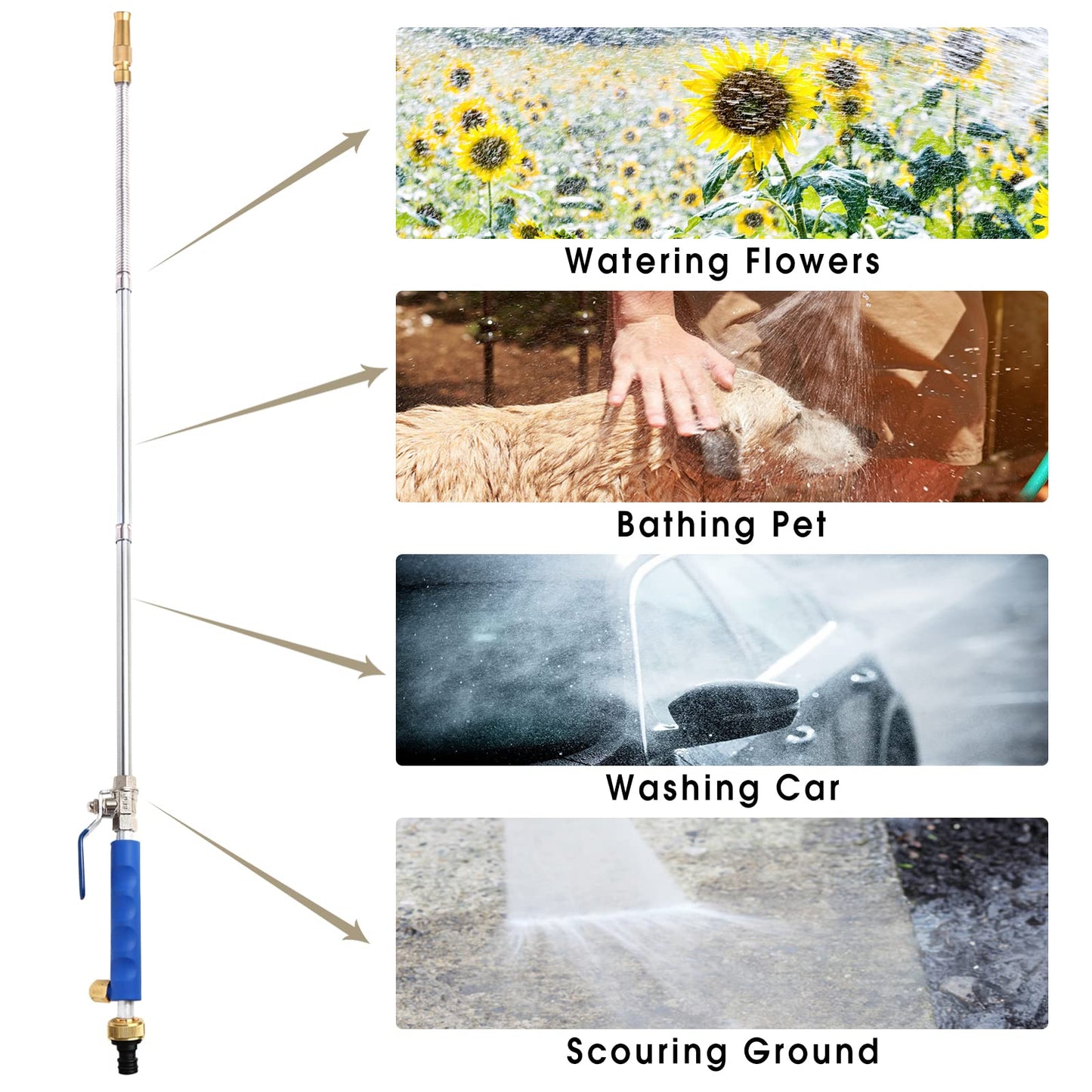 Hwylizg High Pressure Power Washer Wand, Hydro Jet Water Wand Pressure Sprayer,Flexible Garden Watering Wand with 3 Hose Nozzle Universal Hose End for Car Pet Window Patio Gutter Cleaning Tool Blue