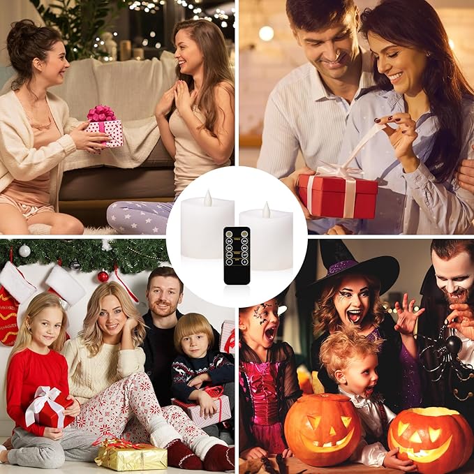 Flickering Flameless Candles Battery Operated with Remote Timer - Realistic 3D Moving Flame Candles, 600+ Hours Long-Lasting White LED Wax Candles for Wedding Home Decor, 3x3 Inch Set of 2
