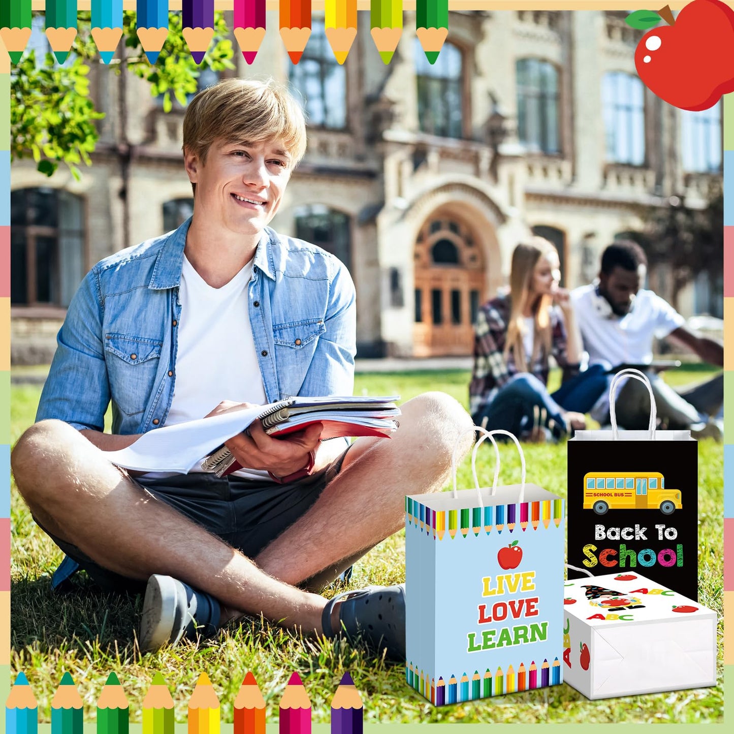 Kolldenn 24 Pcs Welcome Back to School Gift Goodie Bags with Handles First Day of School Party Favors Bags Paper Book Pencil Bus Gnome Candy Treat Pouch for Classroom Party Decorations Supplies