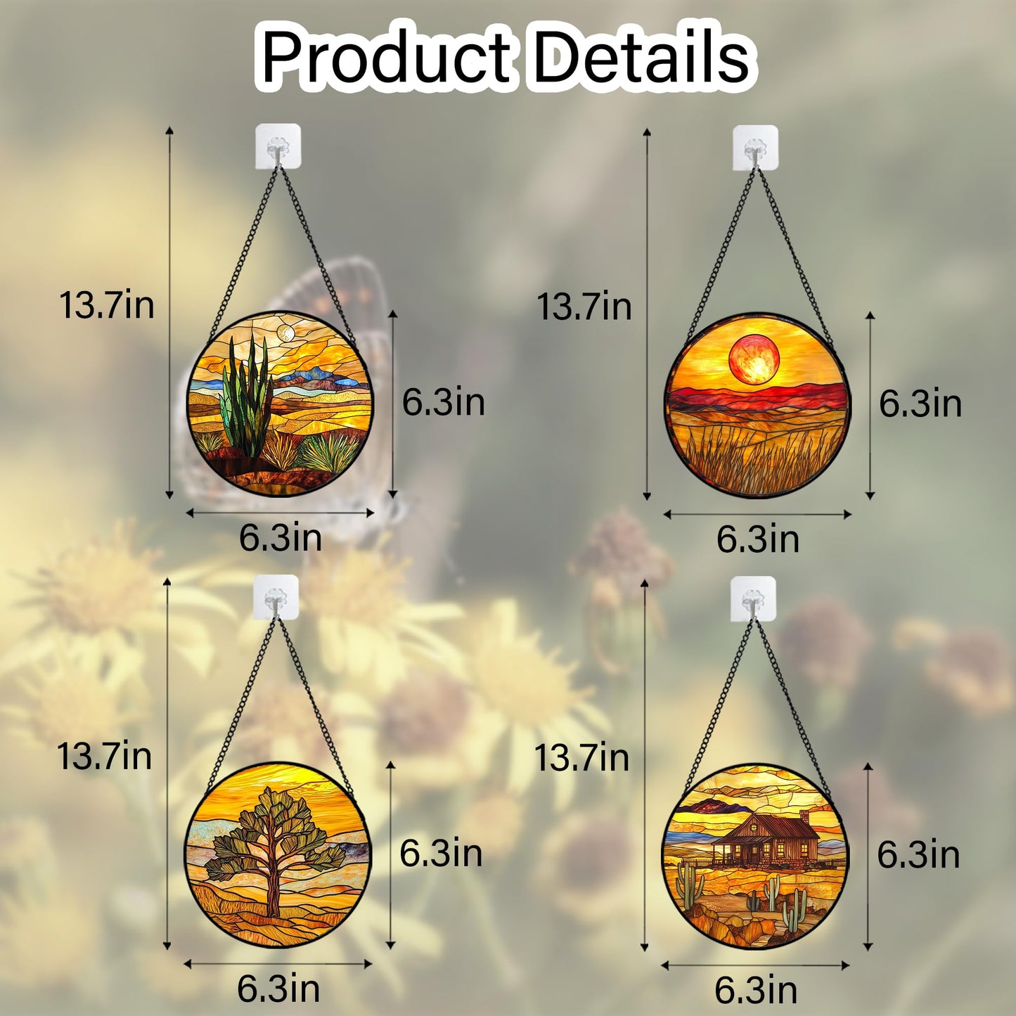 DASTOLL Stained Glass Window Hanging 4 Pcs Set Desert Sunset Theme Landscape 6.3" - Suncatcher Door Garden Sun Catcher Decor Birthday Christmas for Mom Woman Nana Men