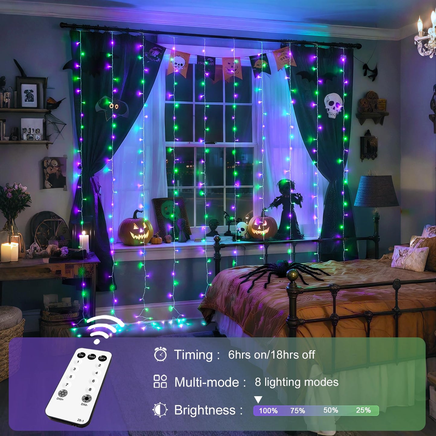 JMEXSUSS 300LED Halloween Curtain Lights with Remote, 9.8x9.8ft Halloween Lights Plug in, Christmas Twinkle Hanging String Light for Bedroom Wall Window Backdrop Indoor Outdoor Decor, Purple and Green